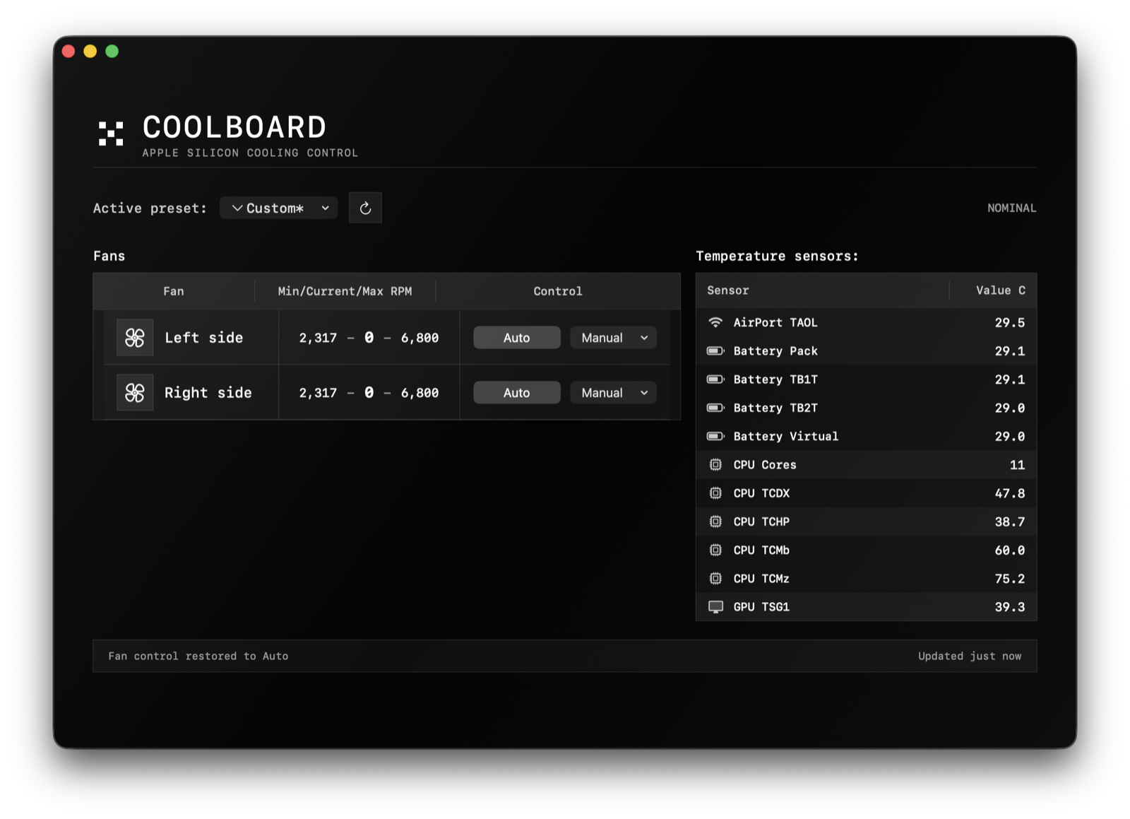 CoolBoard app window showing detected fans and temperature sensors.